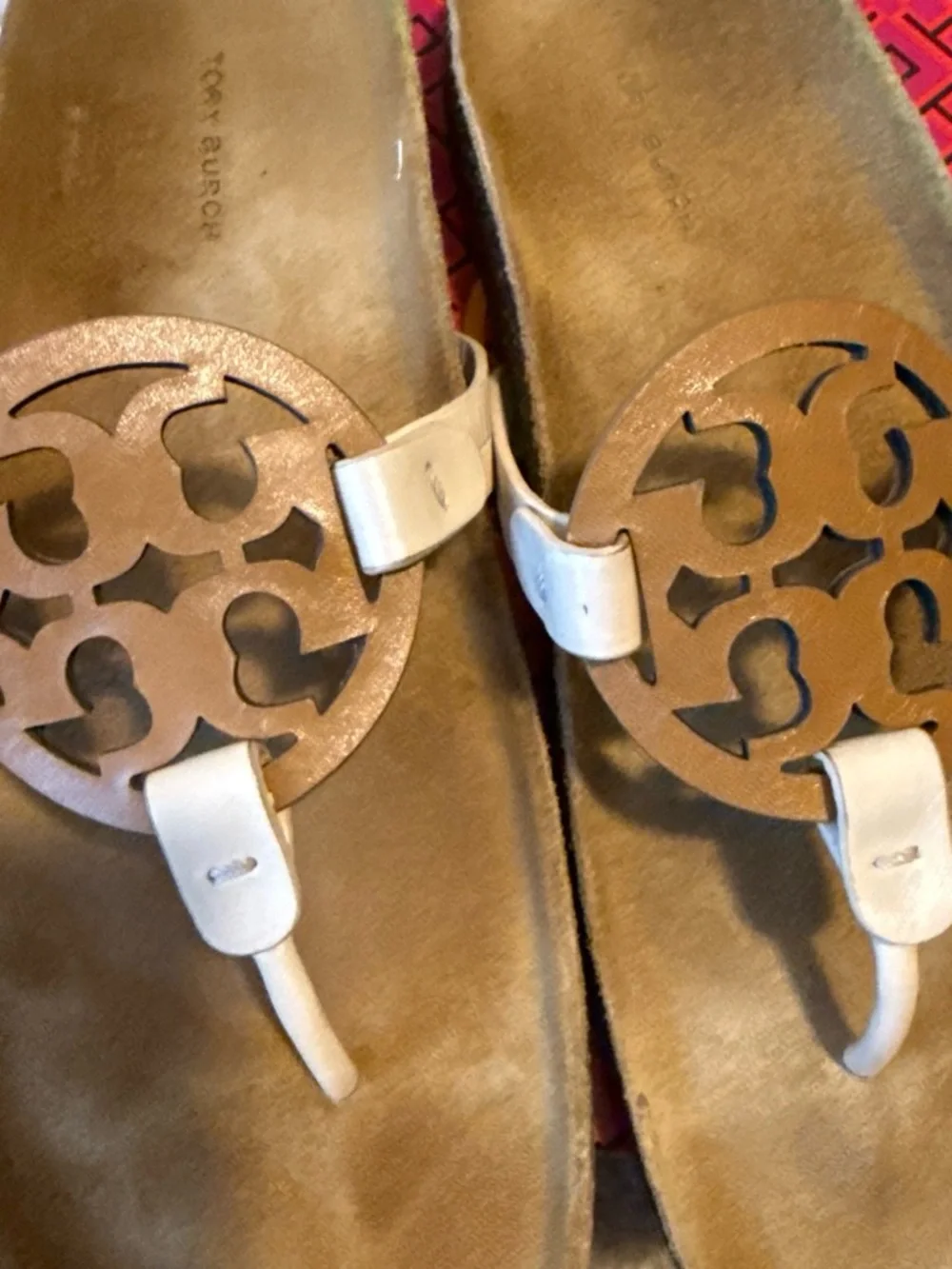 Tory Burch White Leather Logo Thong Sandals with Tan Medallions